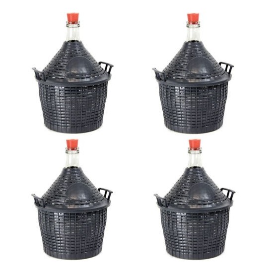 4 Stück 10 L Weinballon mit Kunststoffkorb + Gummistopfen