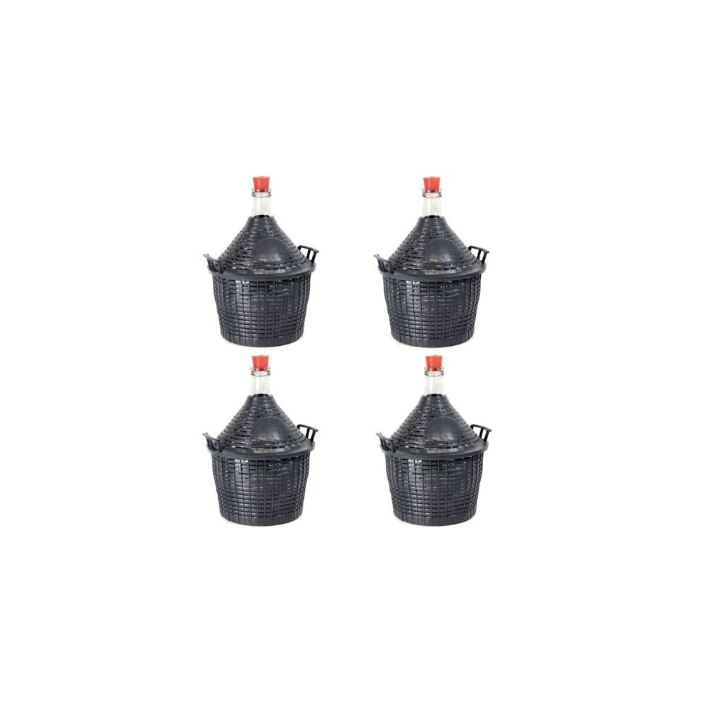 4 Stück 10 L Weinballon mit Kunststoffkorb + Gummistopfen