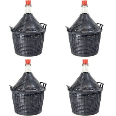 4 Stück 10 L Weinballon mit Kunststoffkorb + Gummistopfen